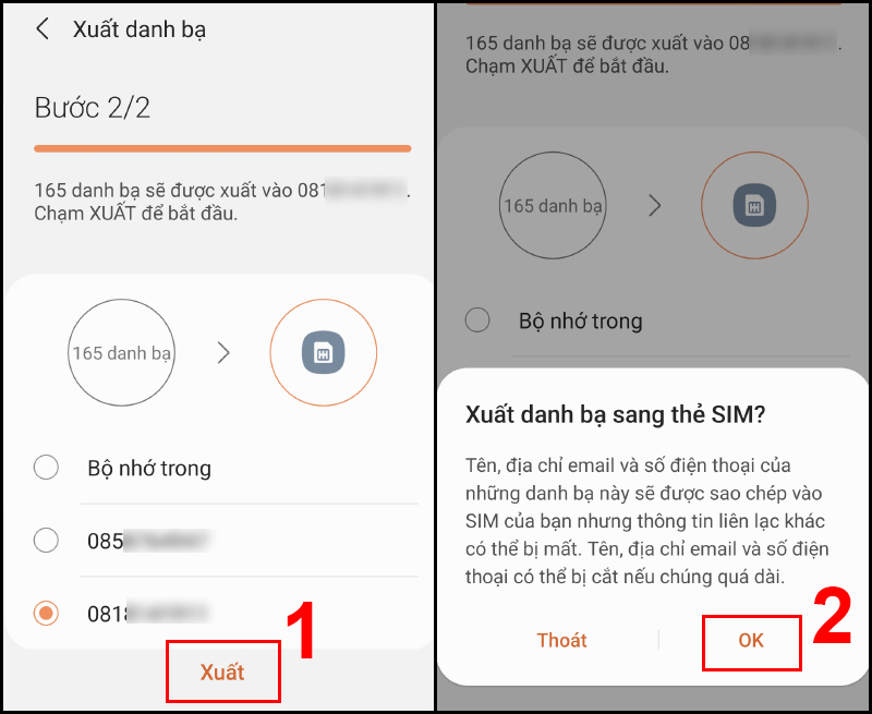 Xác nhận xuất danh bạ sang SIM trên điện thoại Android